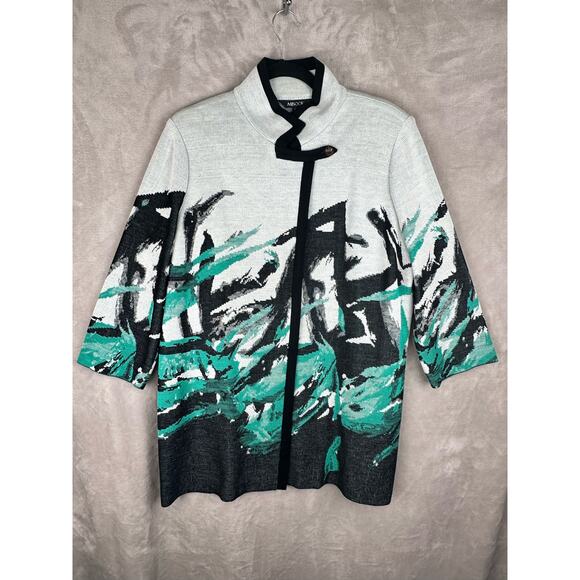 Misook Sweater Womens Large Green Cardigan Jacket Abstract Artsy Career Preppy - Picture 1 of 13